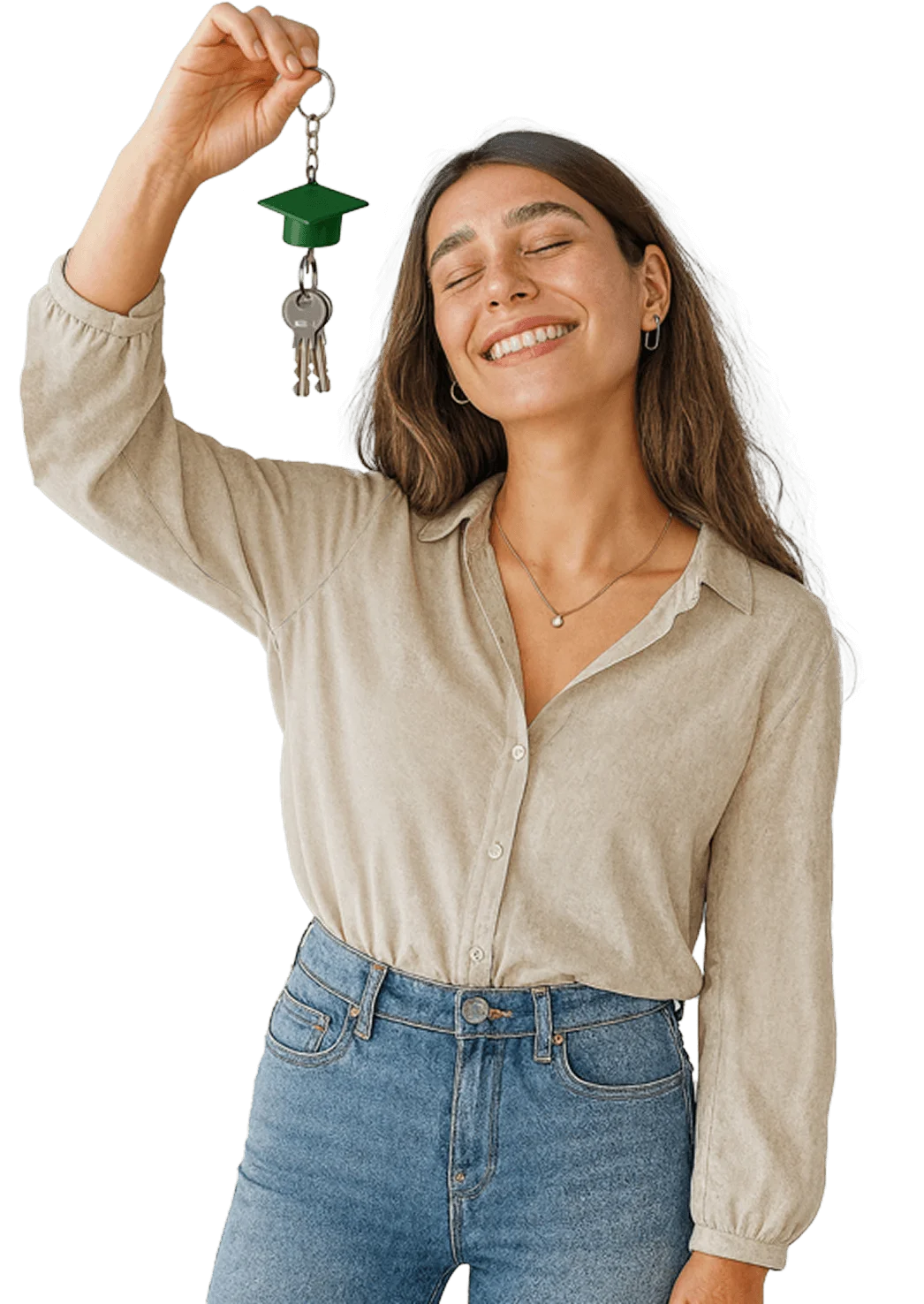 Mitarbeiterin übergibt Wohnheim-Schlüssel mit grüner Absolventenkappe im Studierendenwerk Oldenburg – Büro & Verwaltung Job