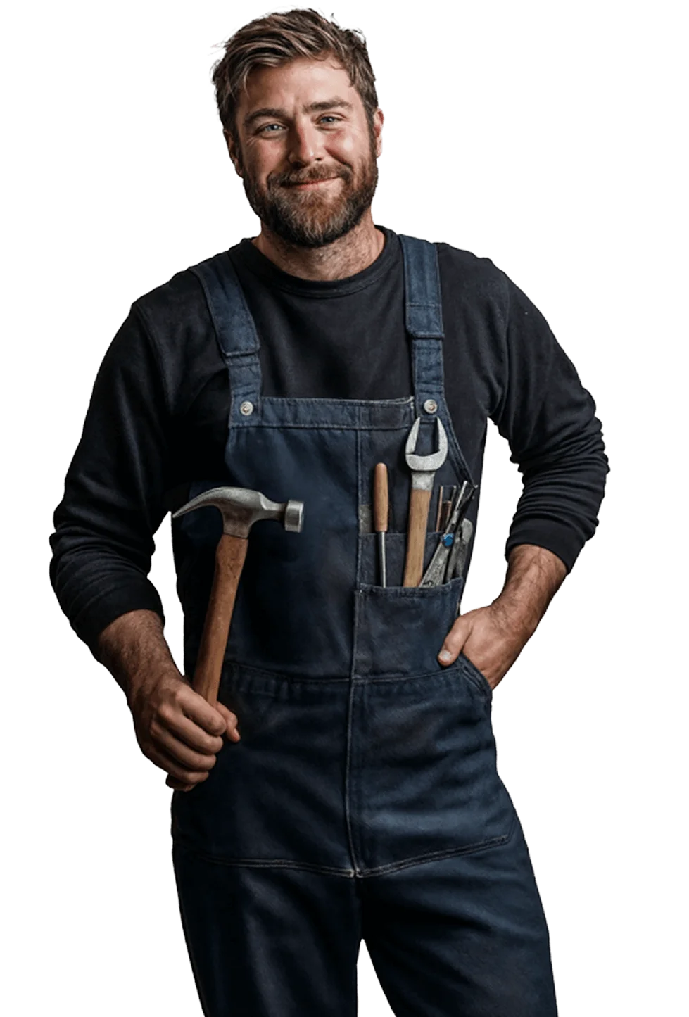 Hausmeister hält Hammer, trägt Werkzeuge in Latzhose beim Studierendenwerk Oldenburg