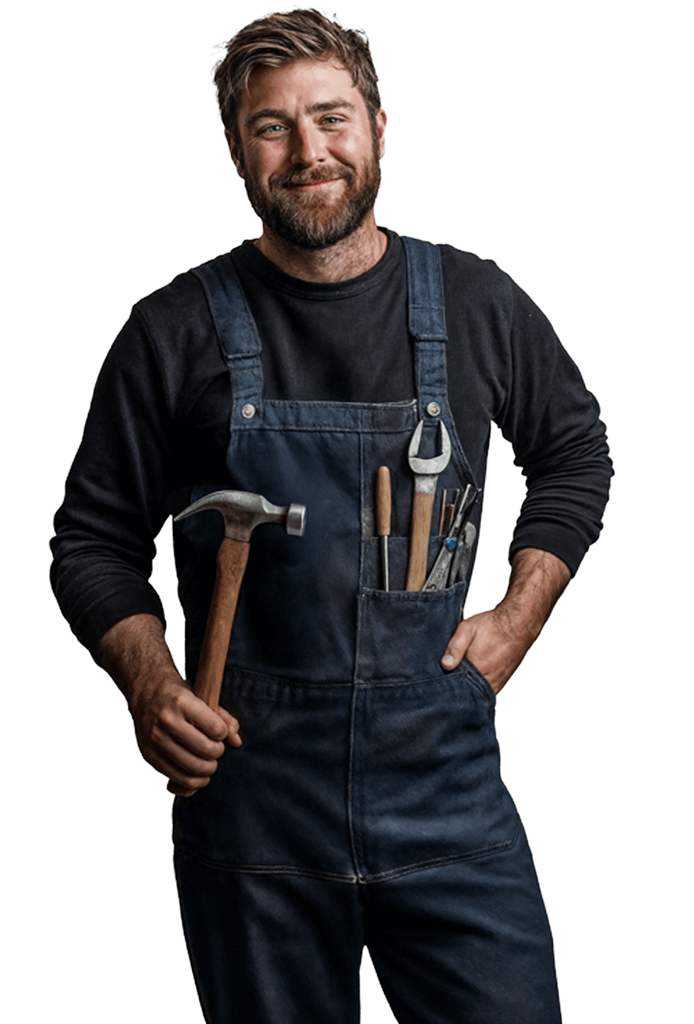 Hausmeister hält Hammer, trägt Werkzeuge in Latzhose beim Studierendenwerk Oldenburg