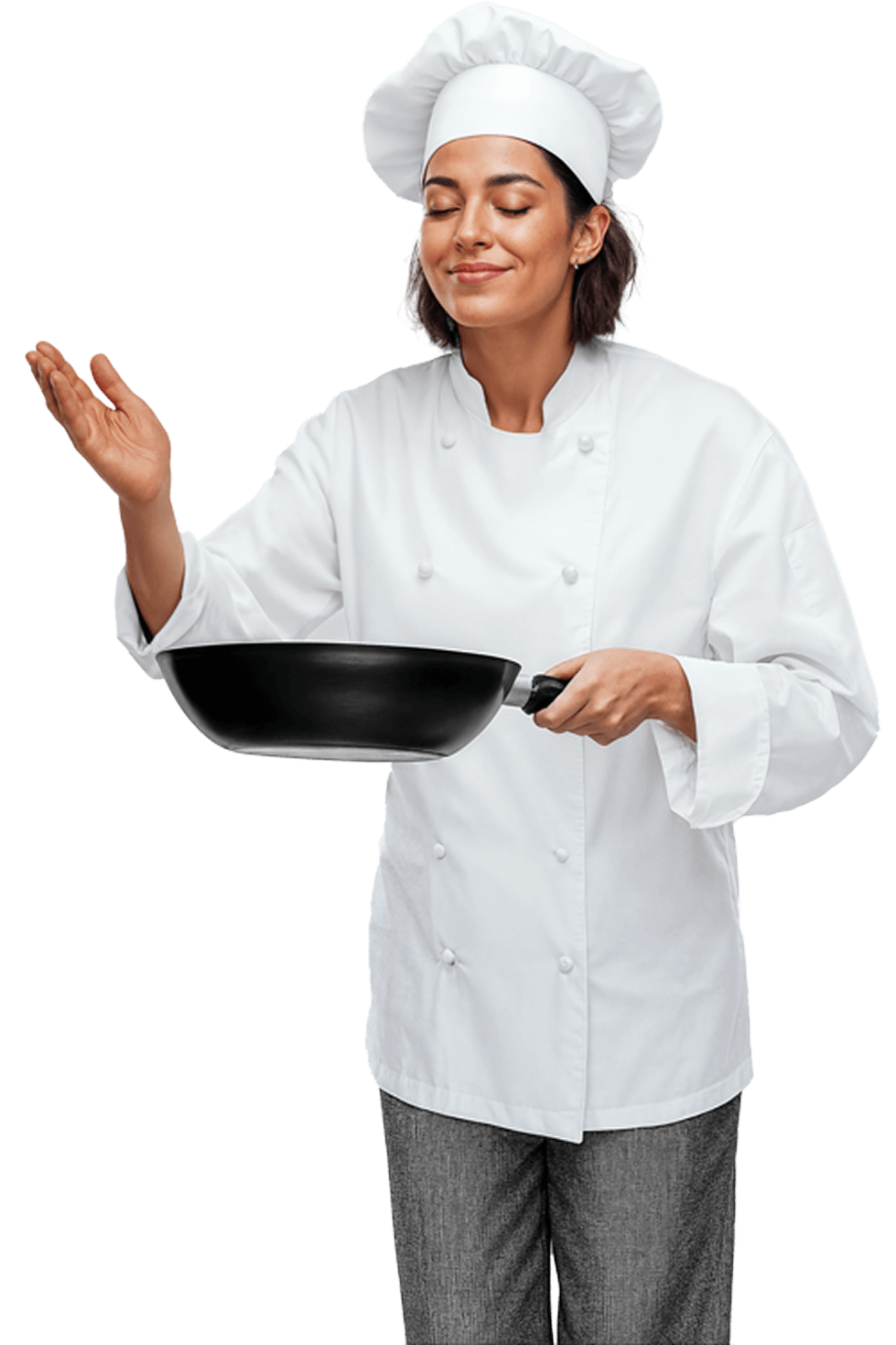 Köchin mit Pfanne genießt den Duft frisch gebratener Speise im Studierendenwerk Oldenburg – Küche & Gastro Job