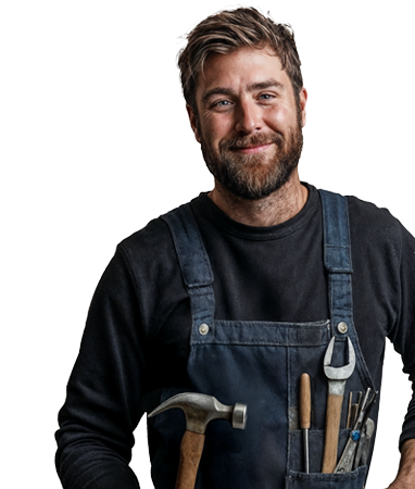 Hausmeister lächelt, hält Hammer vor Werkzeugtasche im Studierendenwerk Oldenburg – Handwerk Job